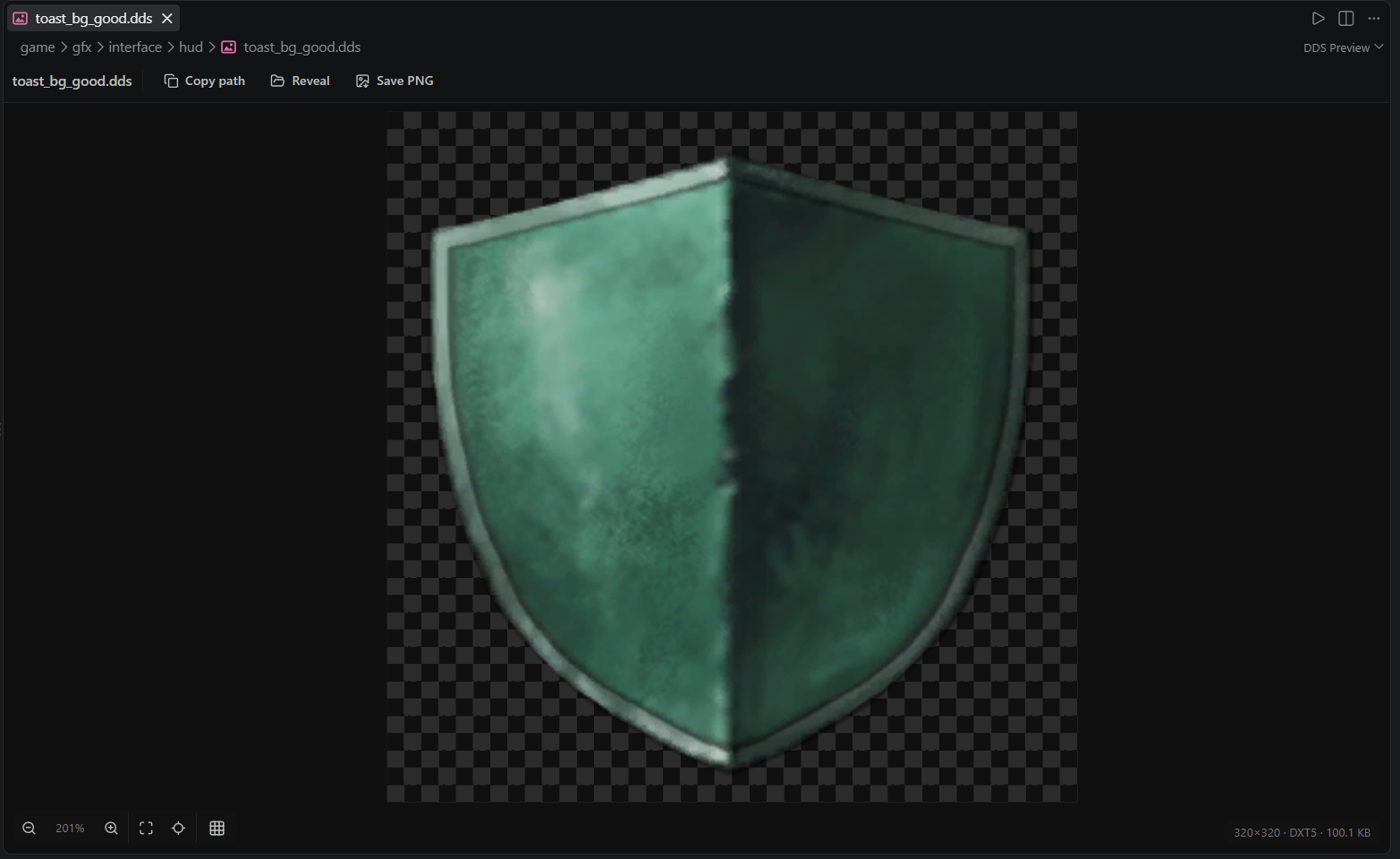 The DDS viewer: alpha checkerboard, format and size, Copy path / Reveal / Save PNG