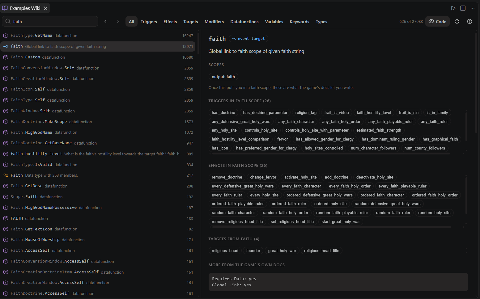 The Examples Wiki searching for "faith": category tabs, ranked results with usage counts, and the faith event-target article listing triggers and effects in faith scope