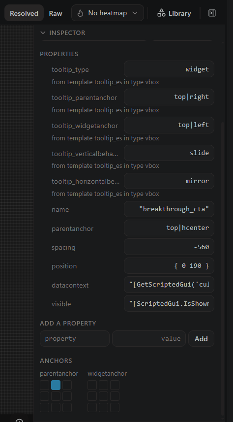 The inspector: every property with the template or type it came from, and the anchor grid