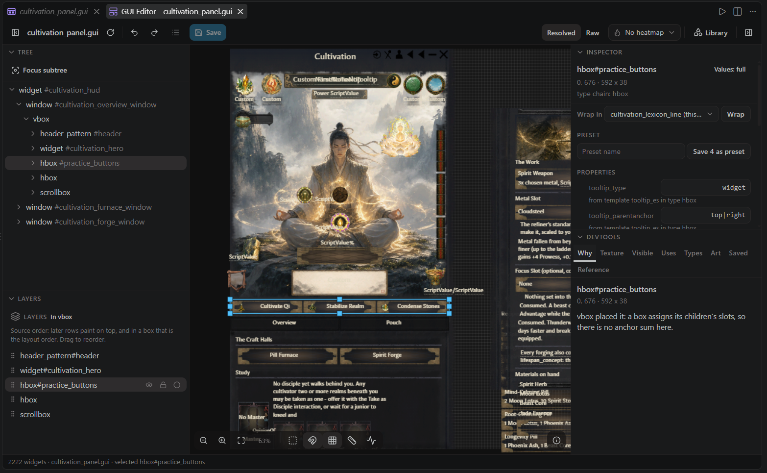 The GUI editor: tree and layers on the left, canvas in the middle, inspector and devtools on the right
