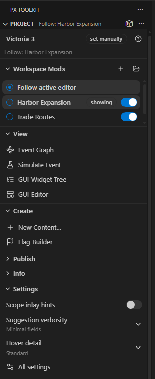 Project with visible focus selection and editor settings