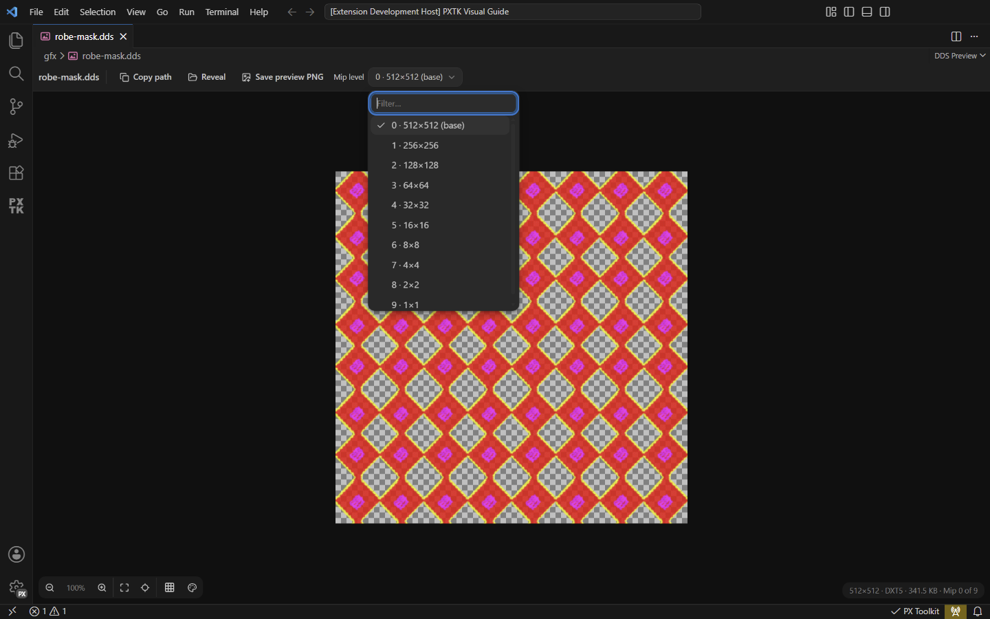 The actual DDS viewer with its themed mip menu open, from 512 by 512 down to 1 by 1