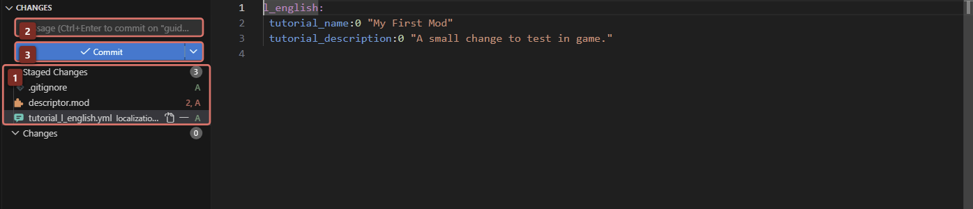 Real Source Control: 1 marks staged files, 2 the commit message, and 3 the Commit button