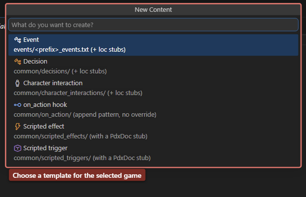 The actual CK3 New Content picker offers events, decisions, interactions, hooks, effects and triggers