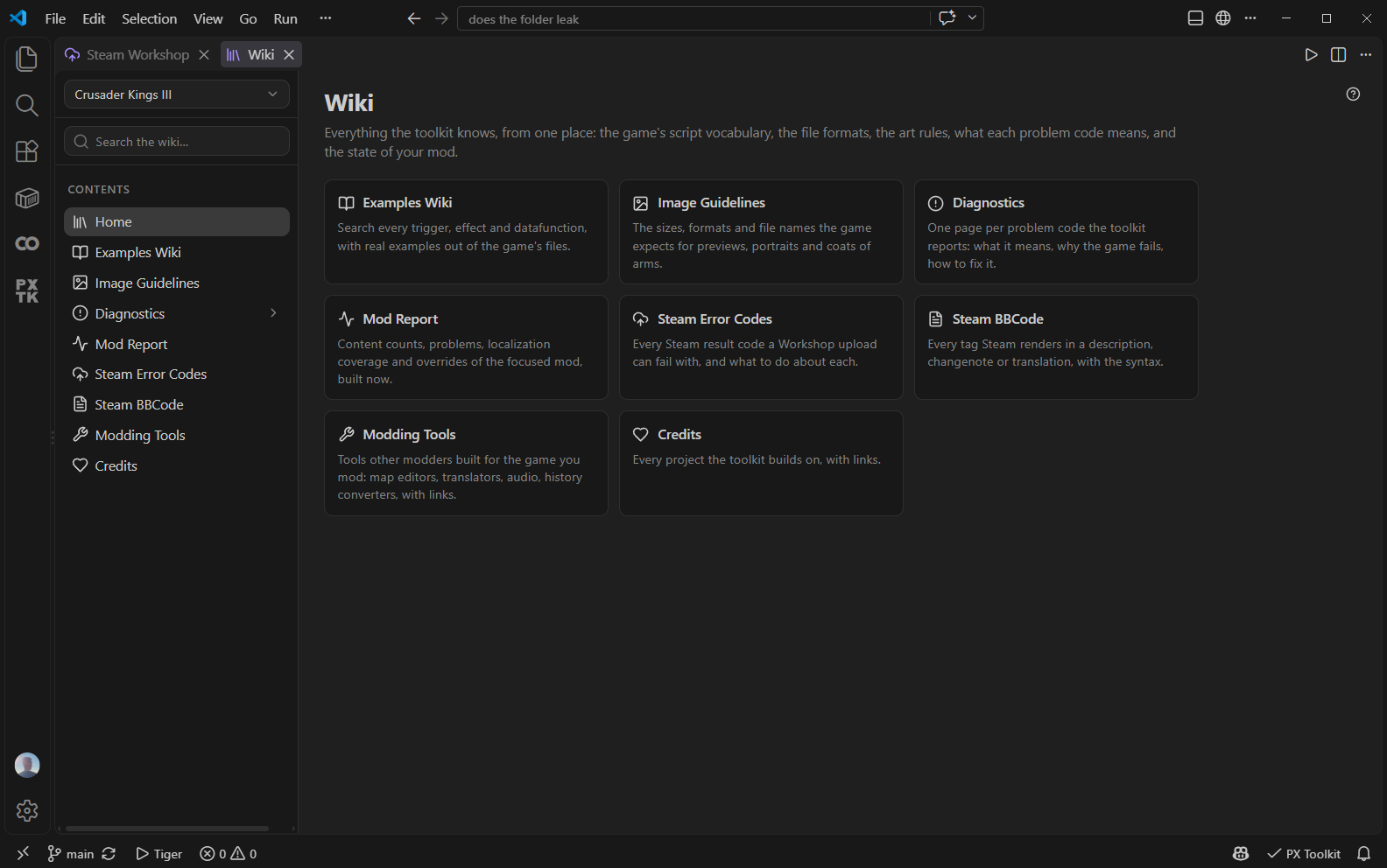 The wiki front page: a Contents sidebar and a card per reference page