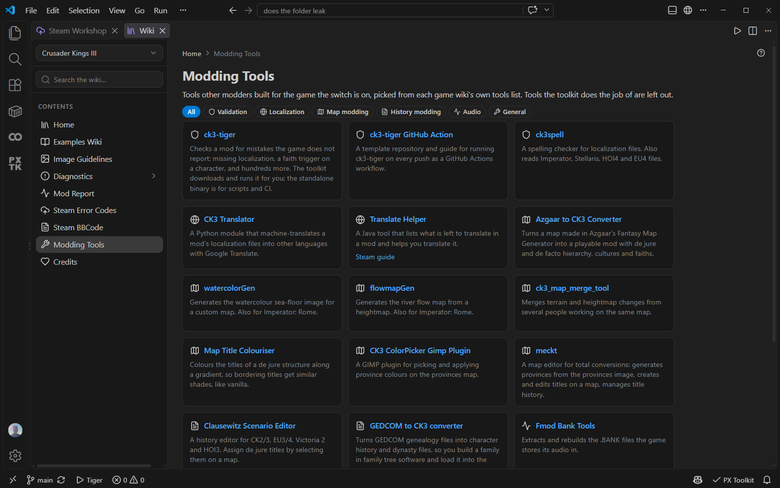 The Modding Tools page: cards by type with the filter chips above them